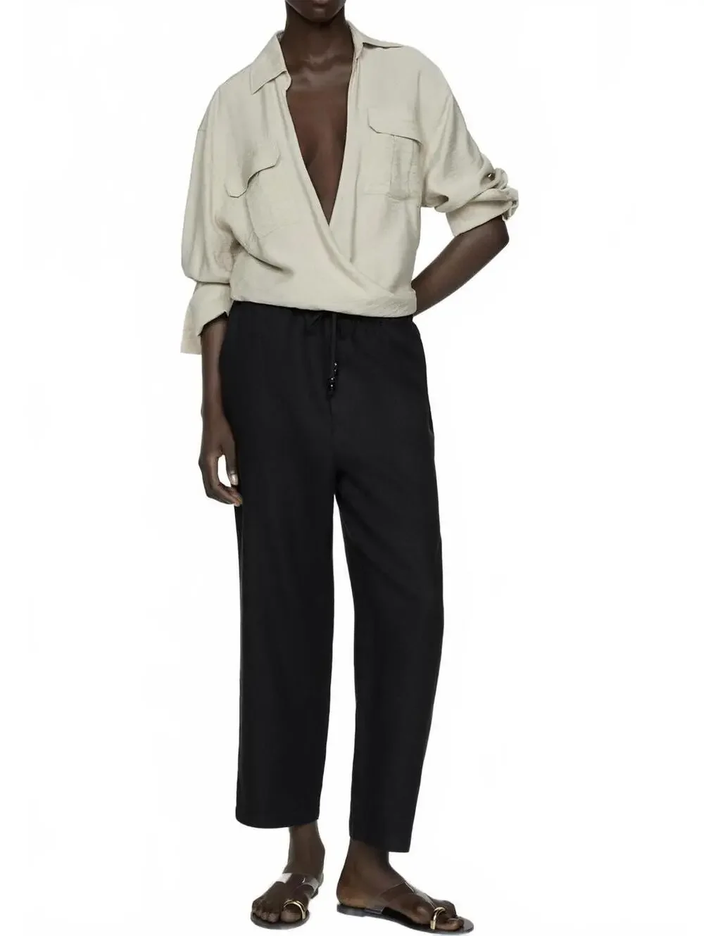 Mango Linen Pants with Drawstring Black Size Small